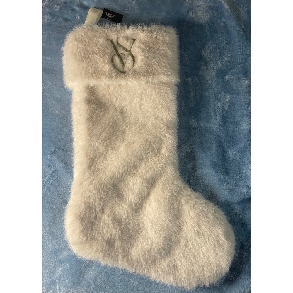 Victorias Secret Christmas Stocking Ivory Faux Fur Gold Embroidered VS Logo NWT